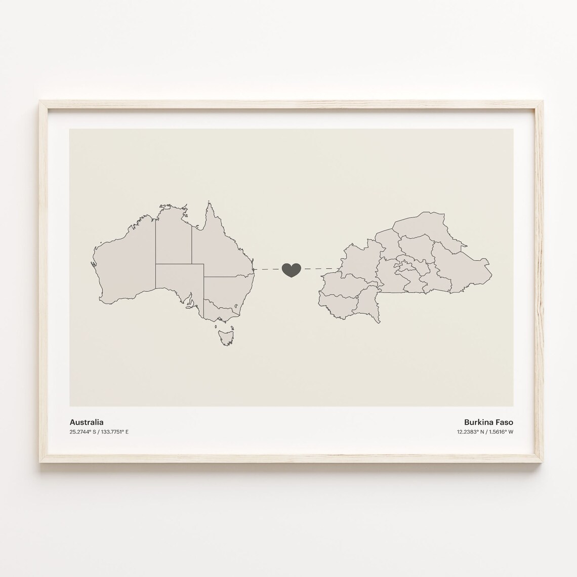 Australia and Burkina Faso Minimalist Long Distance Heart Map Connection Poster