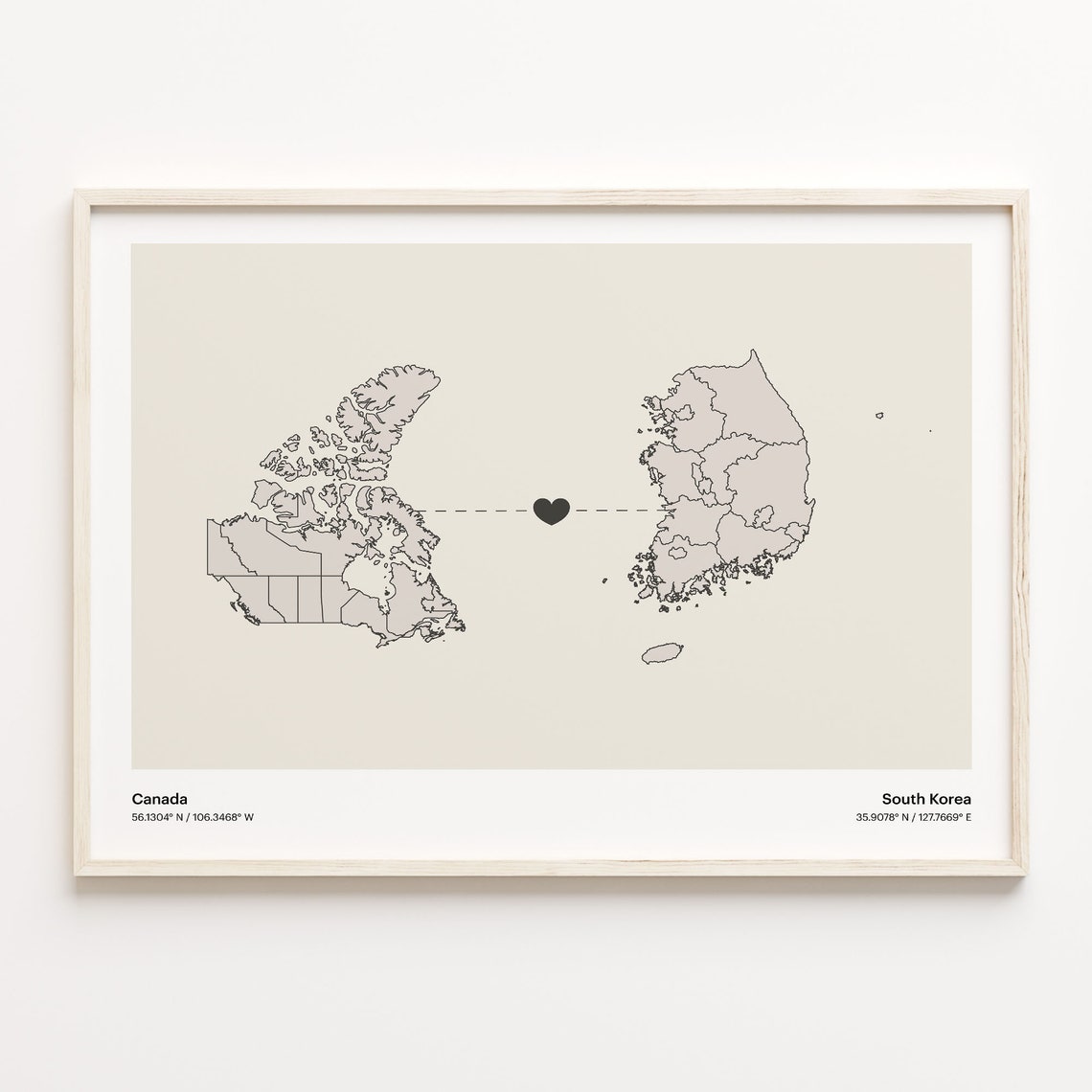Canada to South Korea Long Distance Heart Map Connection Poster