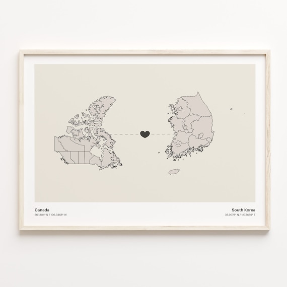 Canada to South Korea Long Distance Heart Map Connection Poster