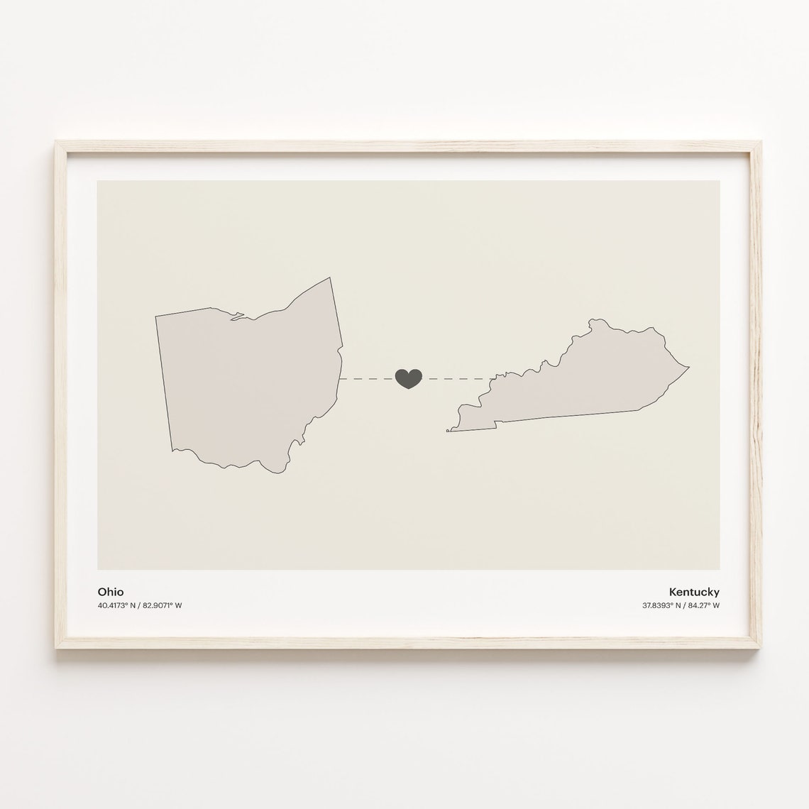 Ohio and Kentucky Couple Long Distance Love Heart Map Poster