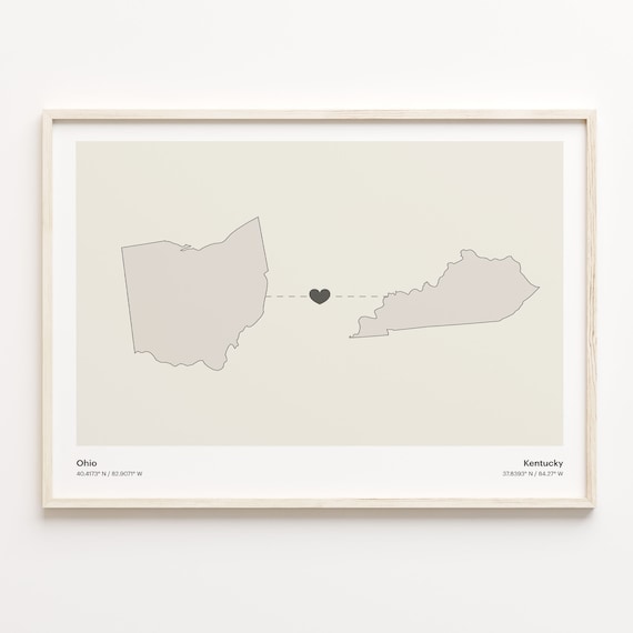 Ohio and Kentucky Couple Long Distance Love Heart Map Poster