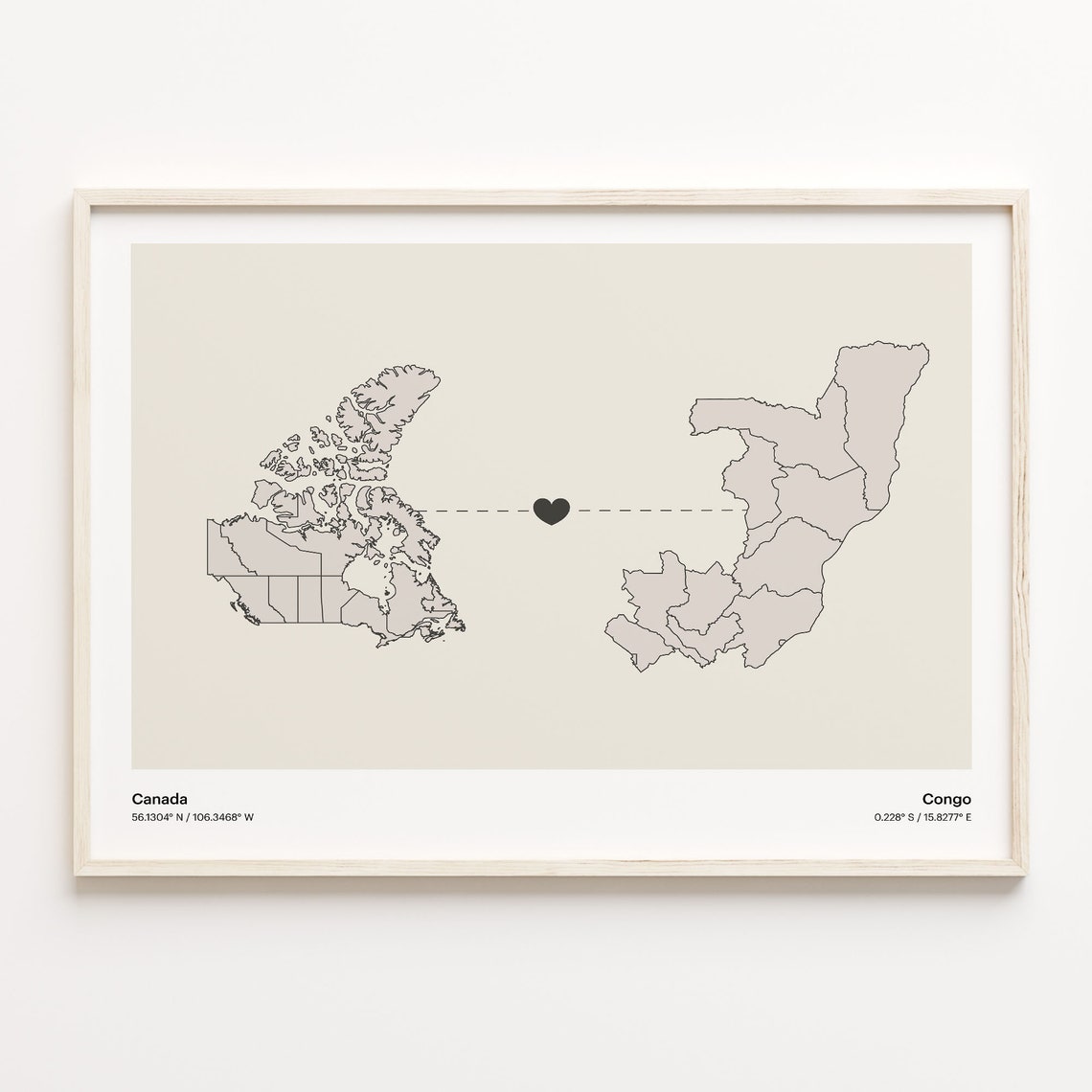 Canada To Congo Long Distance Love Minimalist Map Art Poster