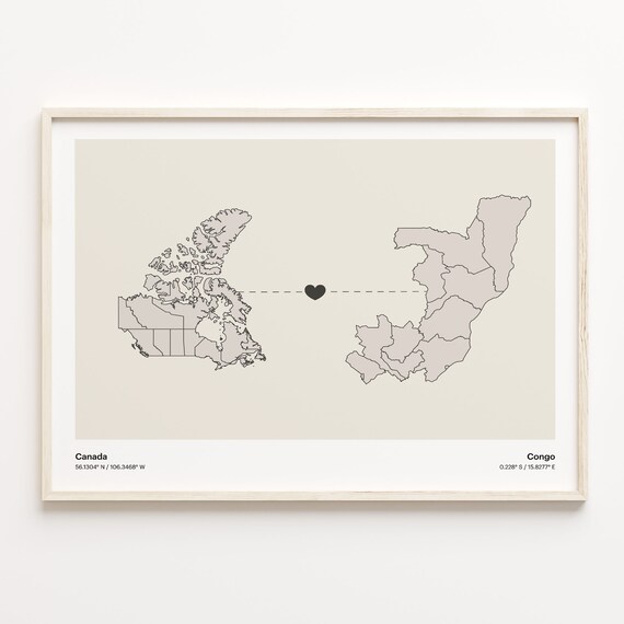 Canada To Congo Long Distance Love Minimalist Map Art Poster