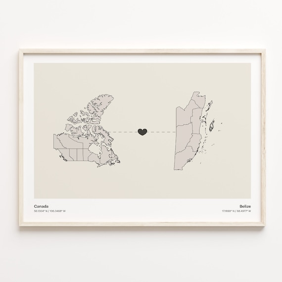 Canada To Belize Long Distance Love Minimalist Map Art Poster