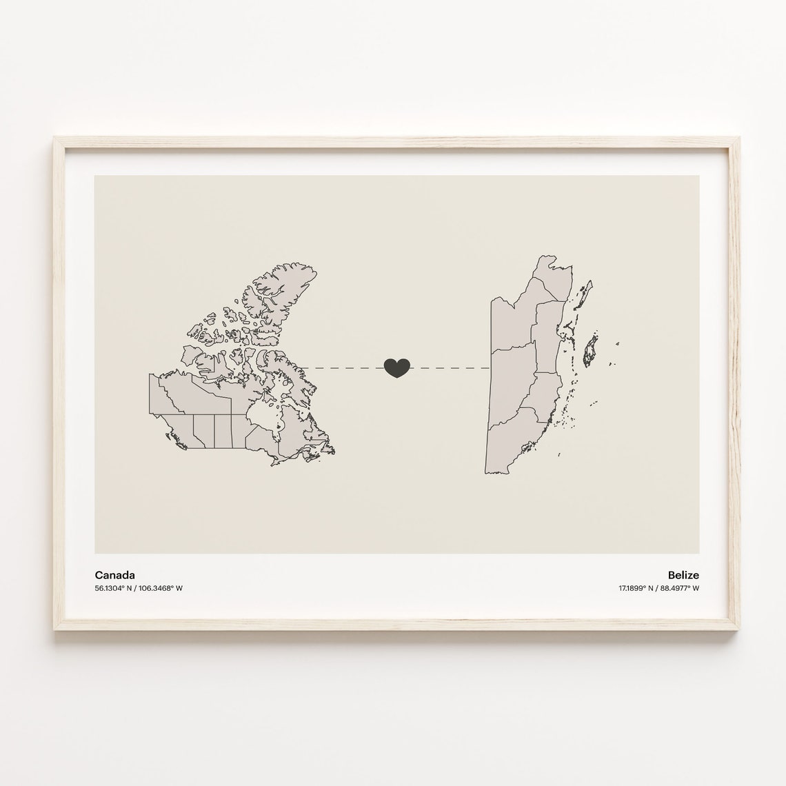 Canada To Belize Long Distance Love Minimalist Map Art Poster
