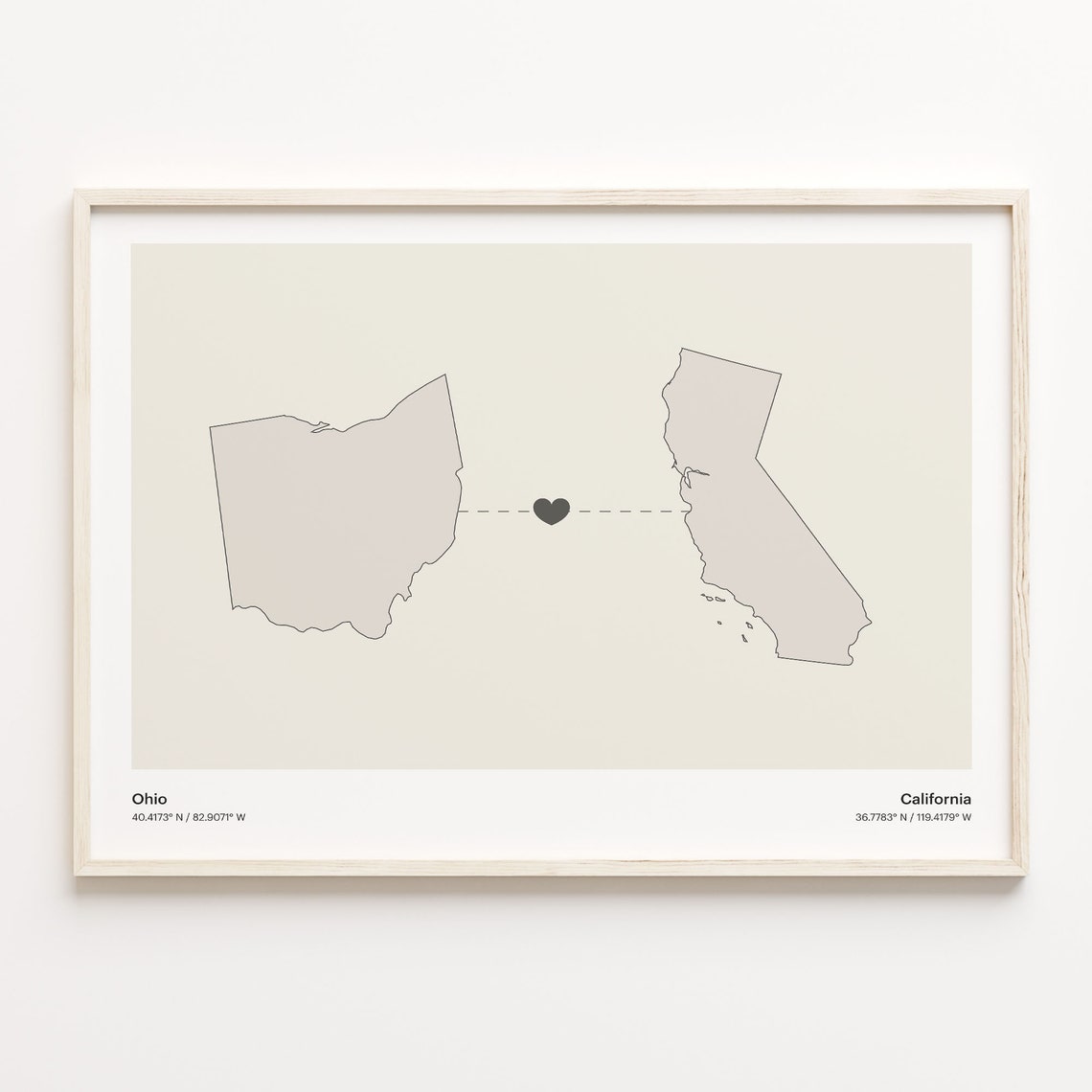 Ohio to California Modern Minimalist Map Heart Line Art Poster