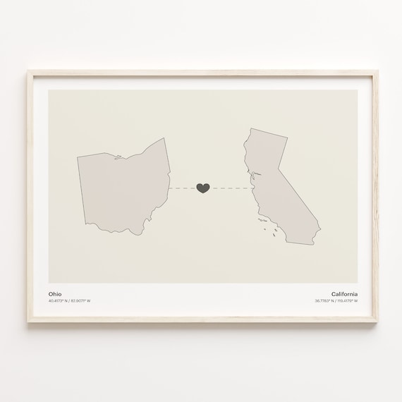Ohio to California Modern Minimalist Map Heart Line Art Poster