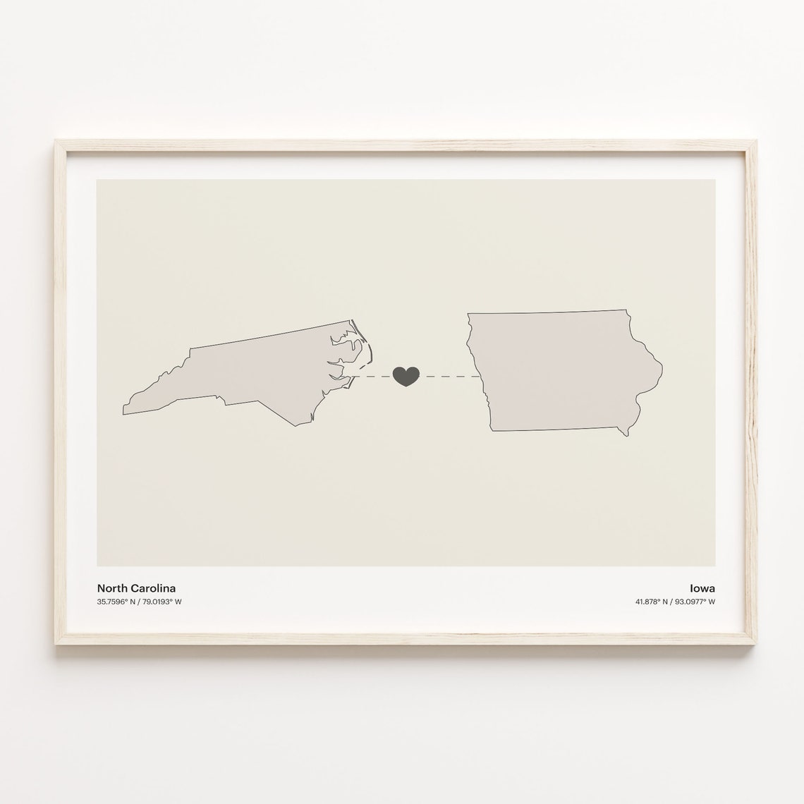 North Carolina Iowa Beige Minimalist Heart Connection Map Poster