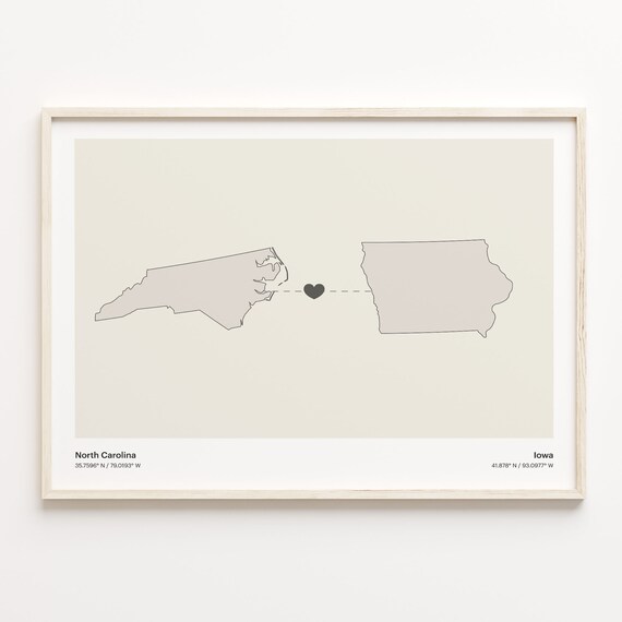 North Carolina Iowa Beige Minimalist Heart Connection Map Poster