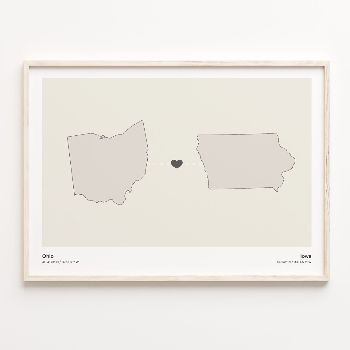 Ohio Iowa State Beige Minimalist Heart Connection Map Poster