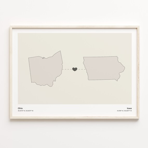 Ohio Iowa State Beige Minimalist Heart Connection Map Poster