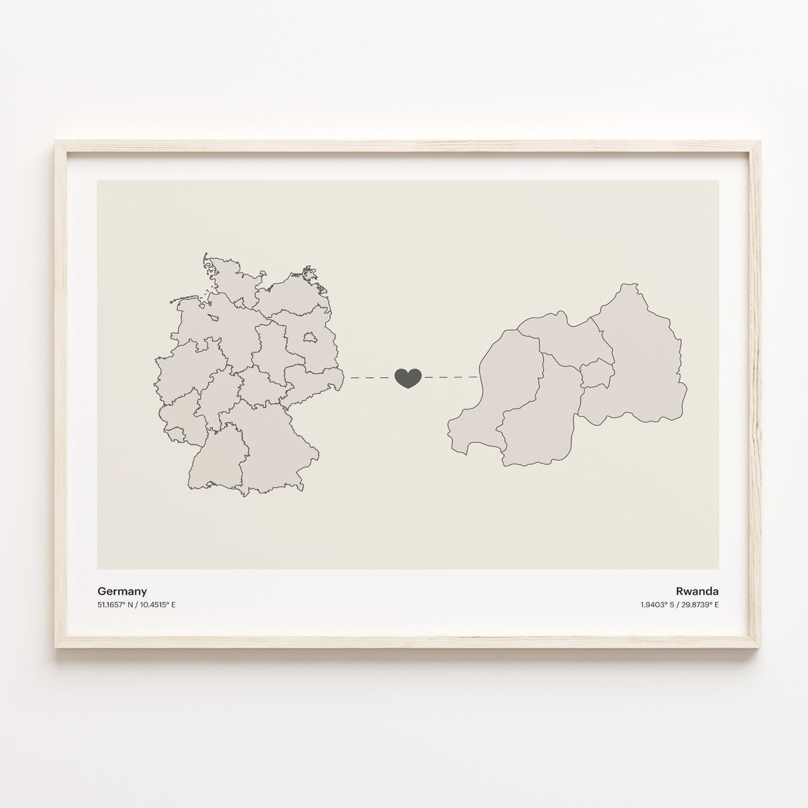 Germany Rwanda Country Connection Heart Map Minimalist Art Poster