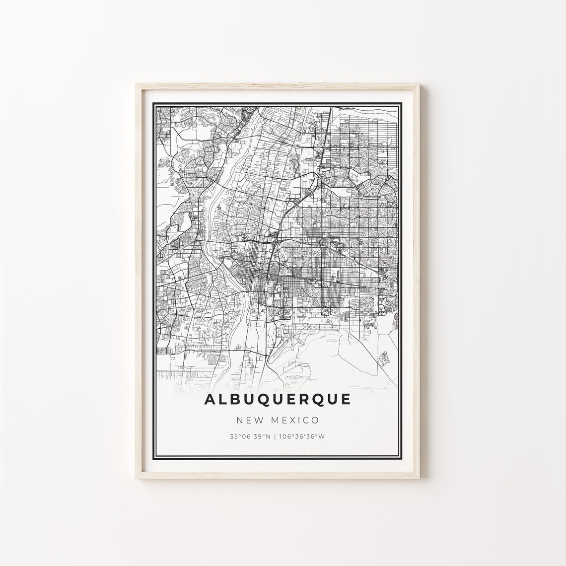 Albuquerque New Mexico Modern Minimalist Black White Street Map Poster