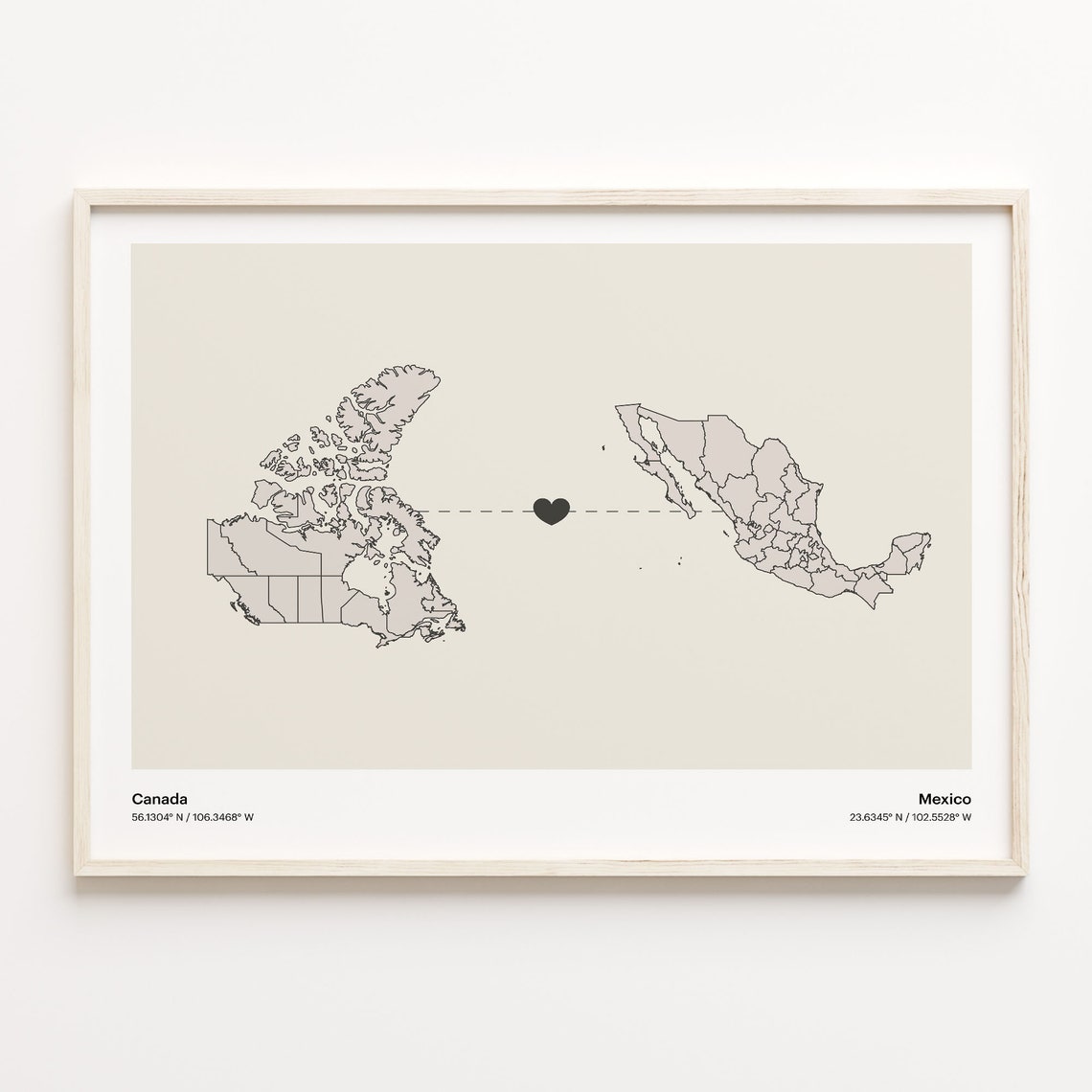 Canada to Mexico Connection Map Poster Heart Between Two Countries