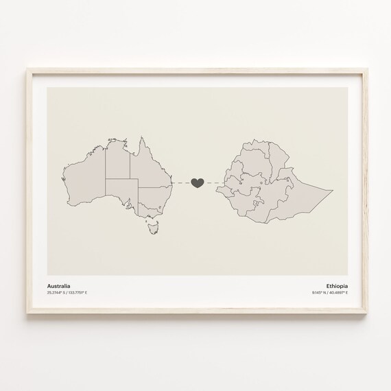 Australia To Ethiopia Minimalist Map Heart Connection Gift Poster