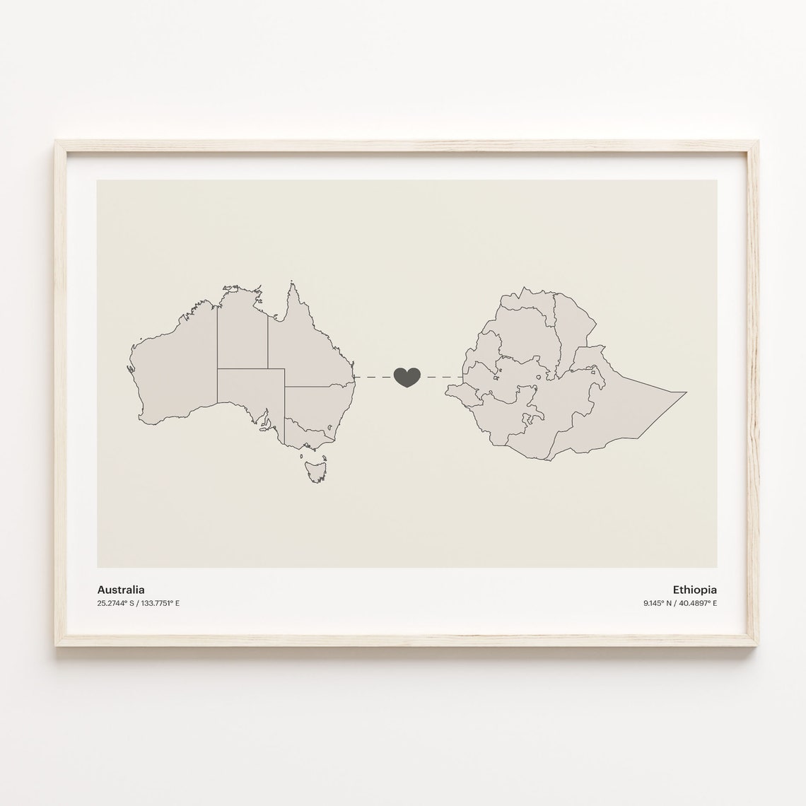 Australia To Ethiopia Minimalist Map Heart Connection Gift Poster