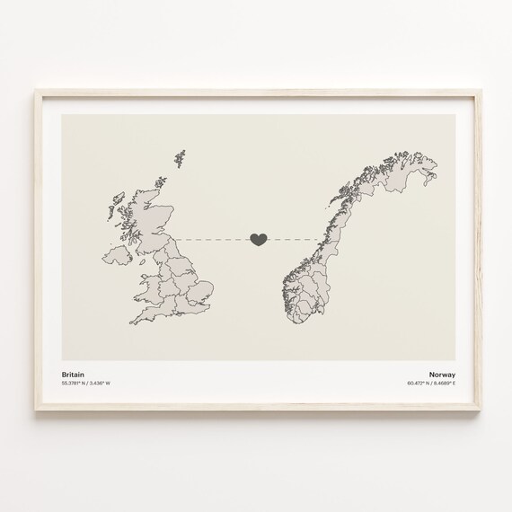 Britain to Norway Minimalist Long Distance Heart Map Connection Poster