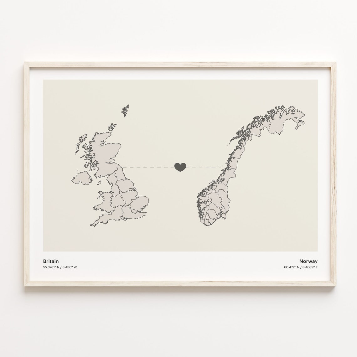 Britain to Norway Minimalist Long Distance Heart Map Connection Poster