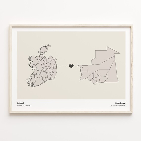 Ireland to Mauritania Long Distance Heart Map Minimalist Connection Poster