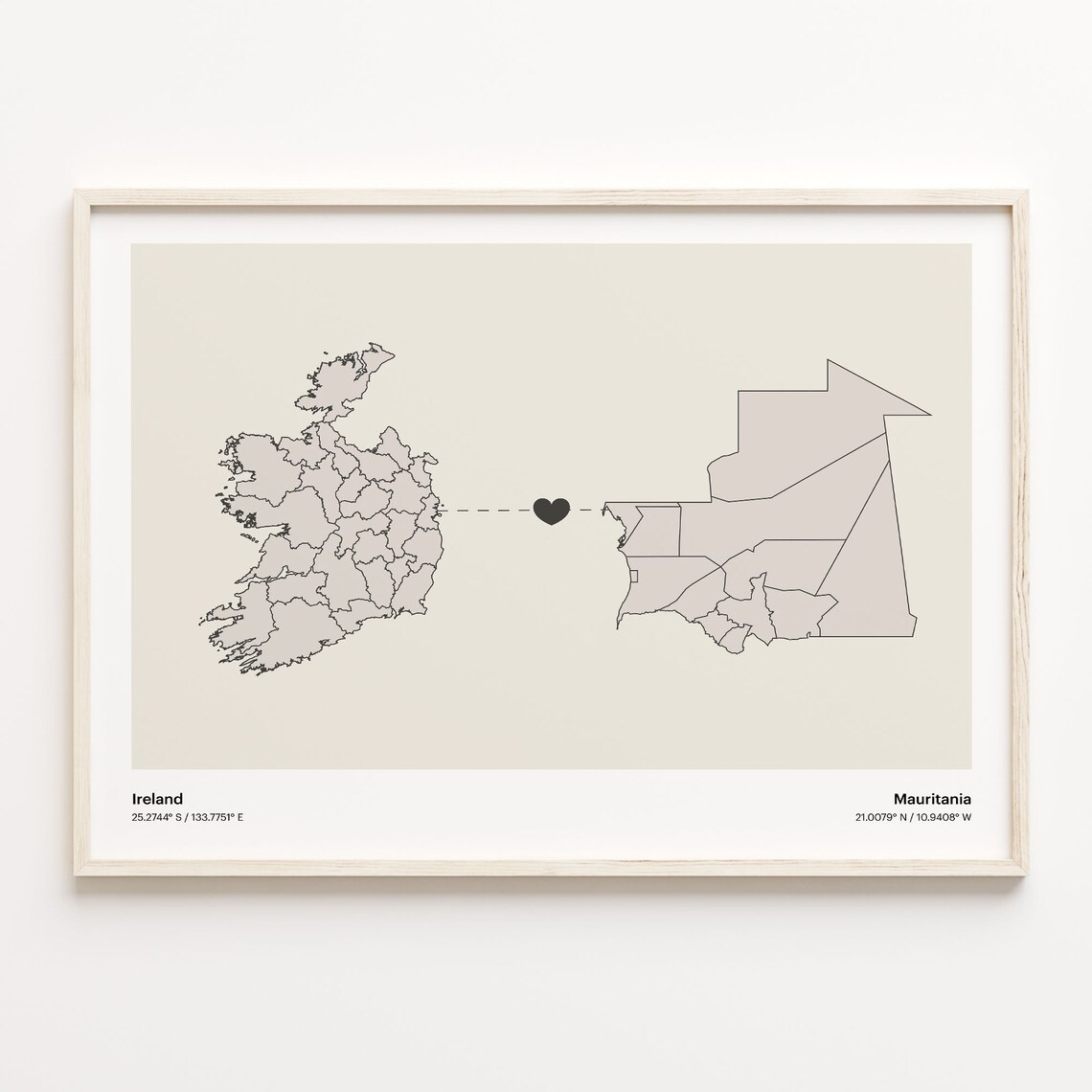 Ireland to Mauritania Long Distance Heart Map Minimalist Connection Poster