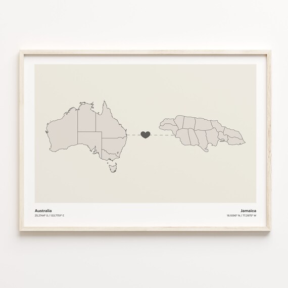 Australia To Jamaica Long Distance Heart Map Couple Gift Poster