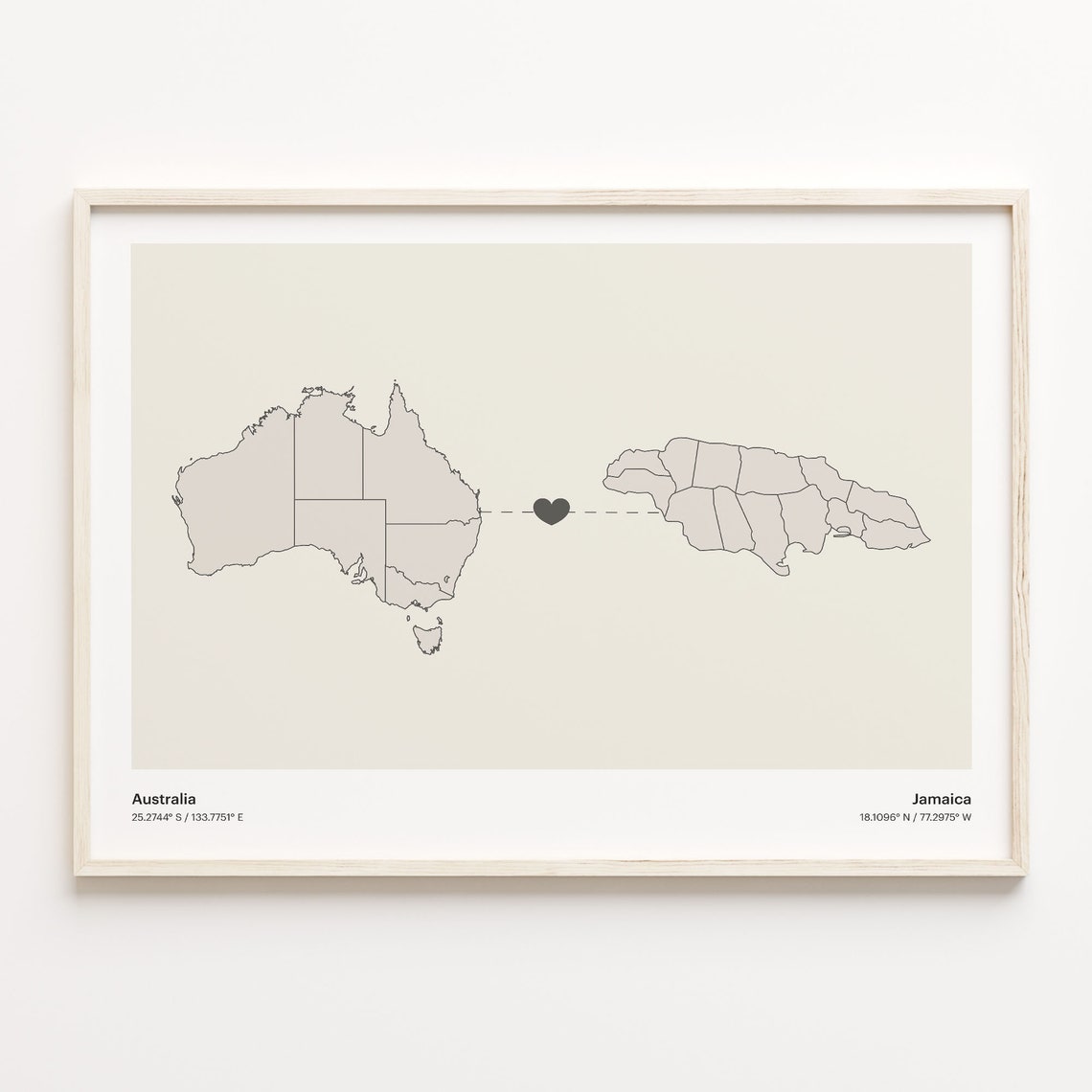 Australia To Jamaica Long Distance Heart Map Couple Gift Poster