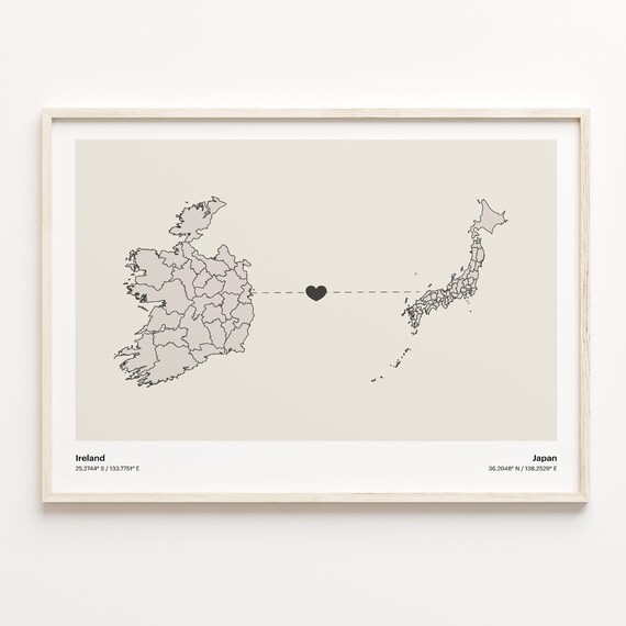 Ireland to Japan Heart Connection Map Long Distance Gift Poster