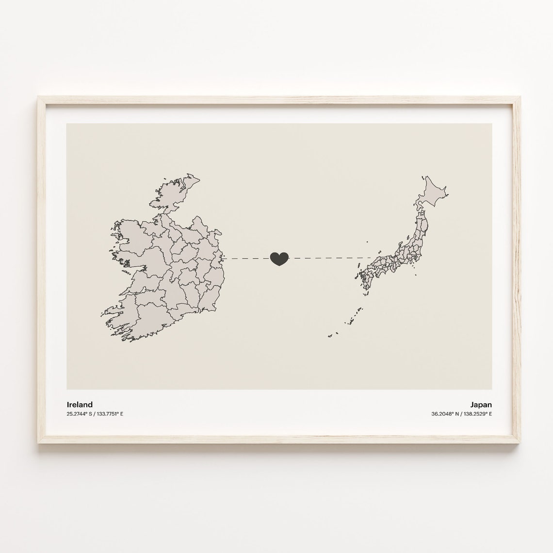 Ireland to Japan Heart Connection Map Long Distance Gift Poster