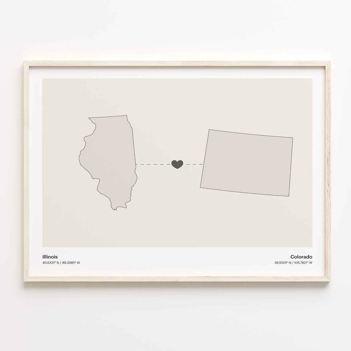 Illinois To Colorado Heart Connection Minimalist State Map Poster