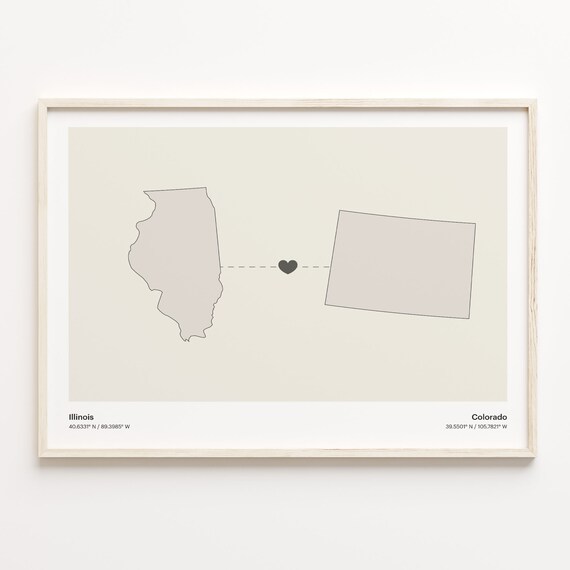 Illinois To Colorado Heart Connection Minimalist State Map Poster