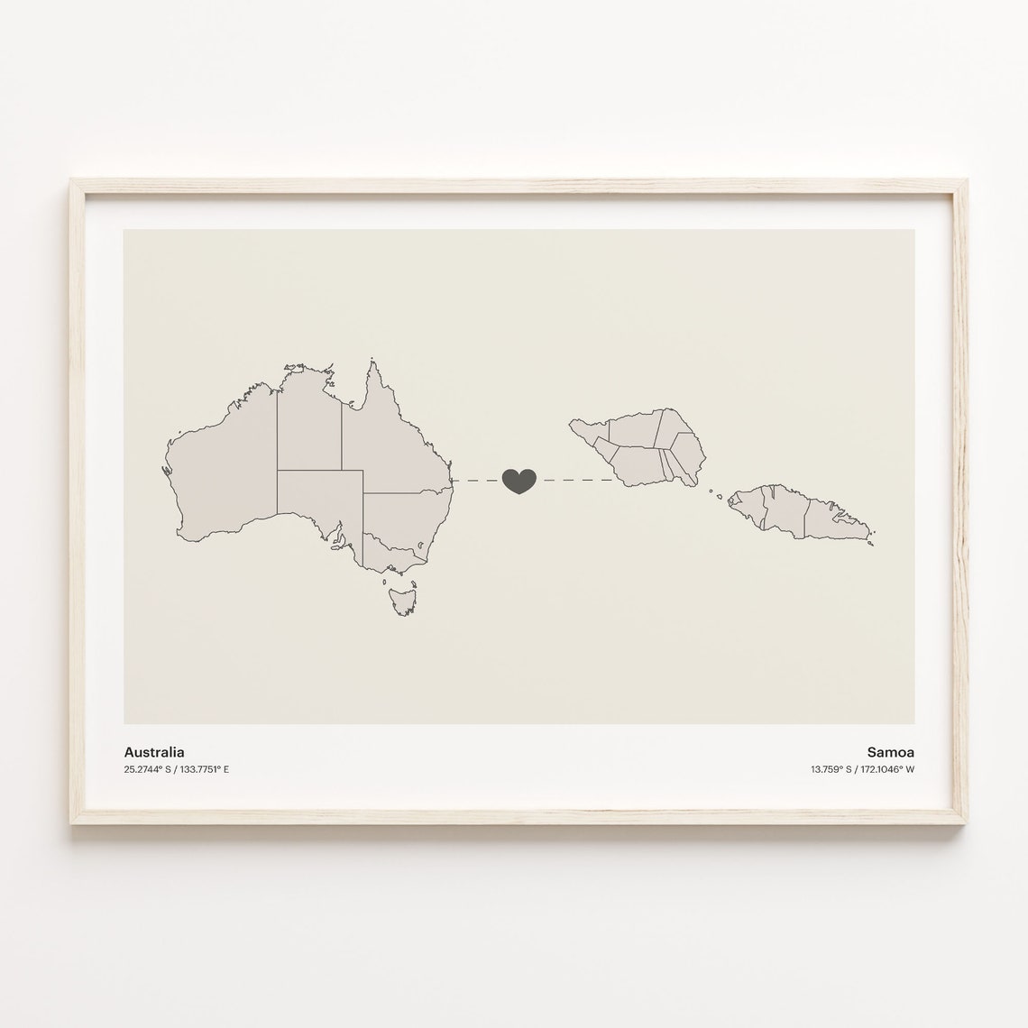Australia and Samoa Long Distance Love Country Connection Map Poster