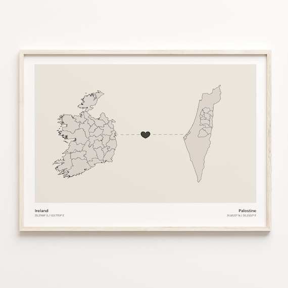 Ireland to Palestine Long Distance Heart Map Minimalist Connection Poster