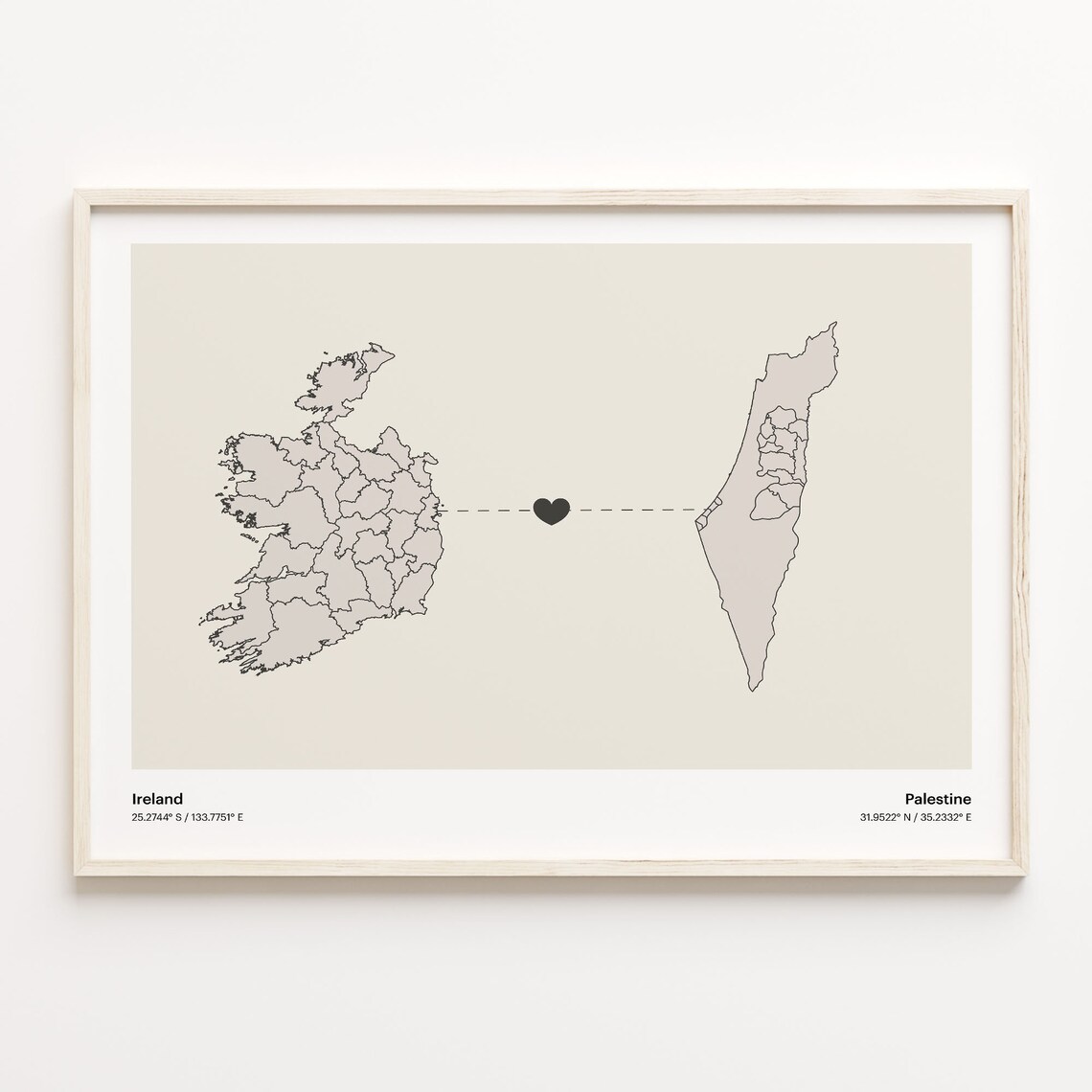 Ireland to Palestine Long Distance Heart Map Minimalist Connection Poster