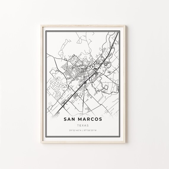 San Marcos Texas Modern Minimalist Black and White City Map Poster