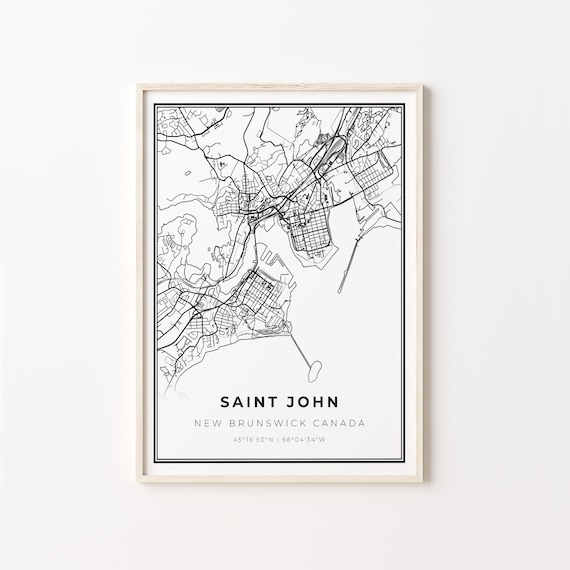 Saint John New Brunswick Canada Modern Black And White Street Map Coordinates Poster