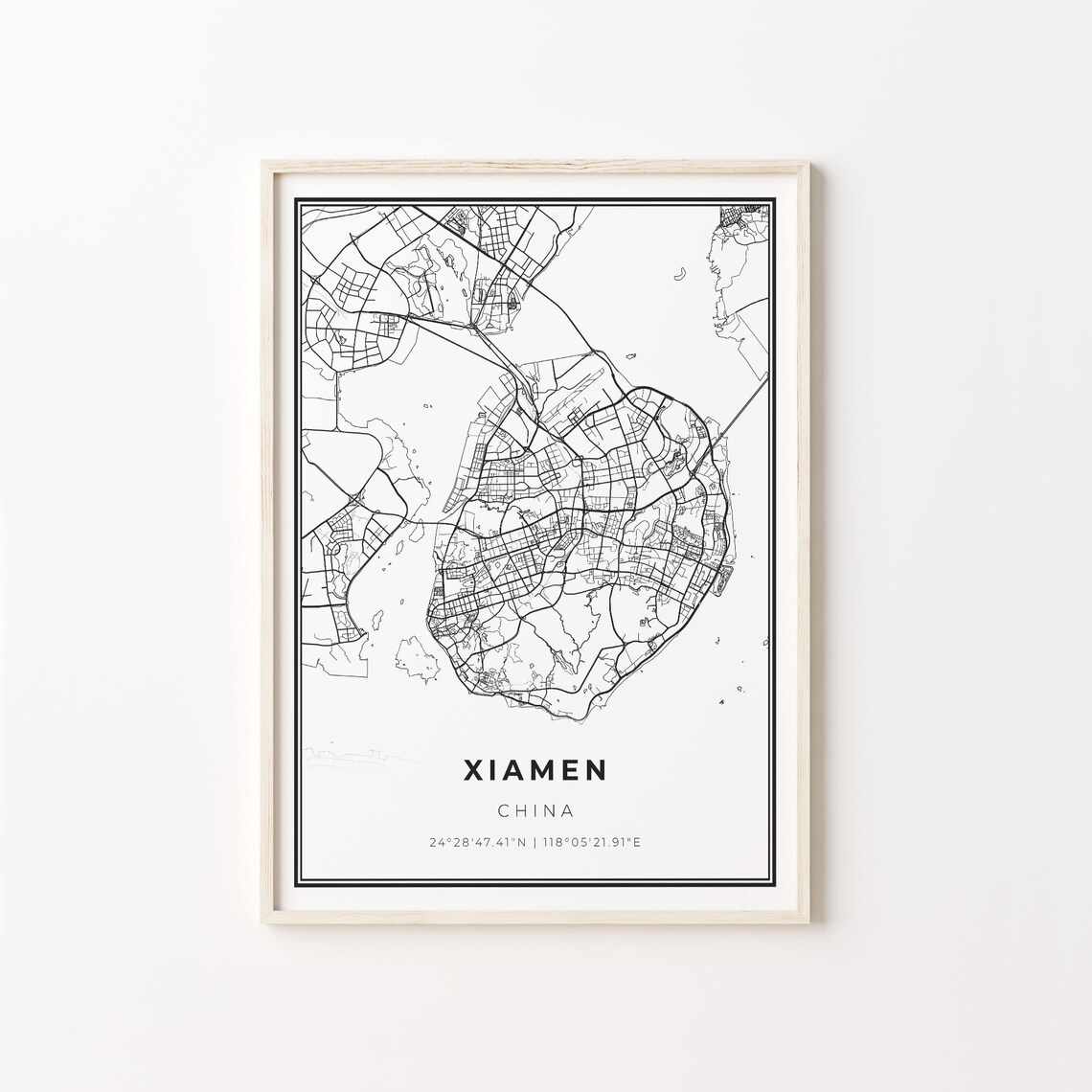 Xiamen China Modern Minimalist Black White Street Map Poster