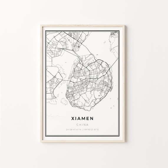 Xiamen China Modern Minimalist Black White Street Map Poster
