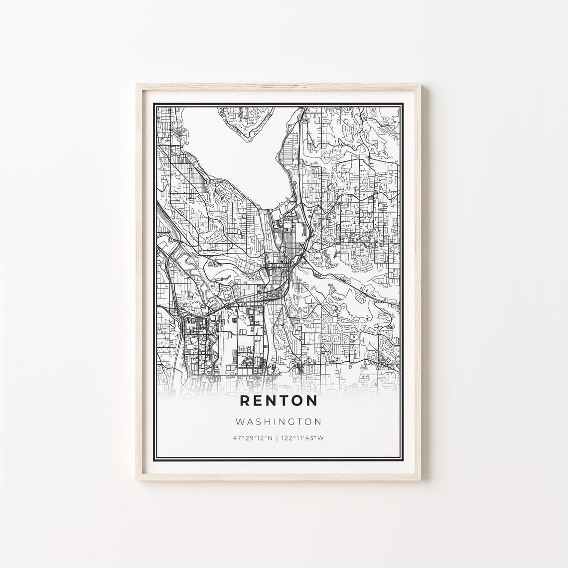 Renton Washington City Map Minimalist Black and White Art Poster