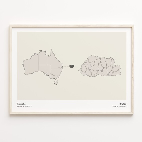 Australia Bhutan Long Distance Heart Map Minimalist Love Print