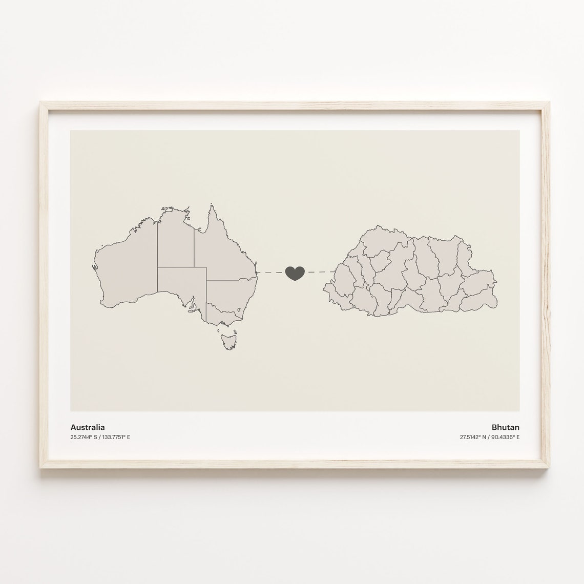 Australia Bhutan Long Distance Heart Map Minimalist Love Print