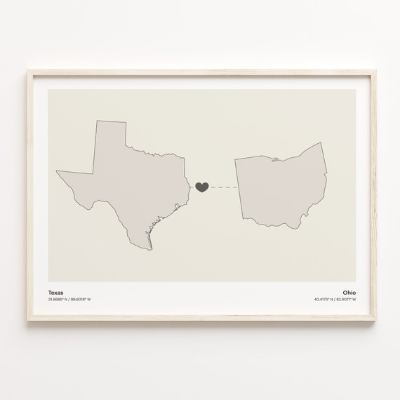 Texas To Ohio Travel Poster, Minimalist State Map