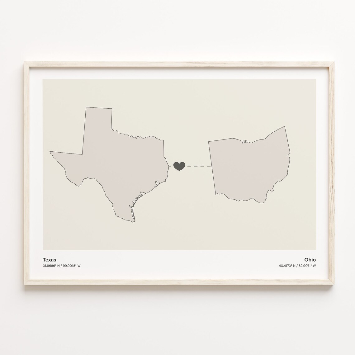 Texas To Ohio Travel Poster, Minimalist State Map