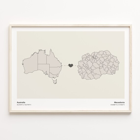 Australia to Macedonia Minimalist Heart Connection Map Poster