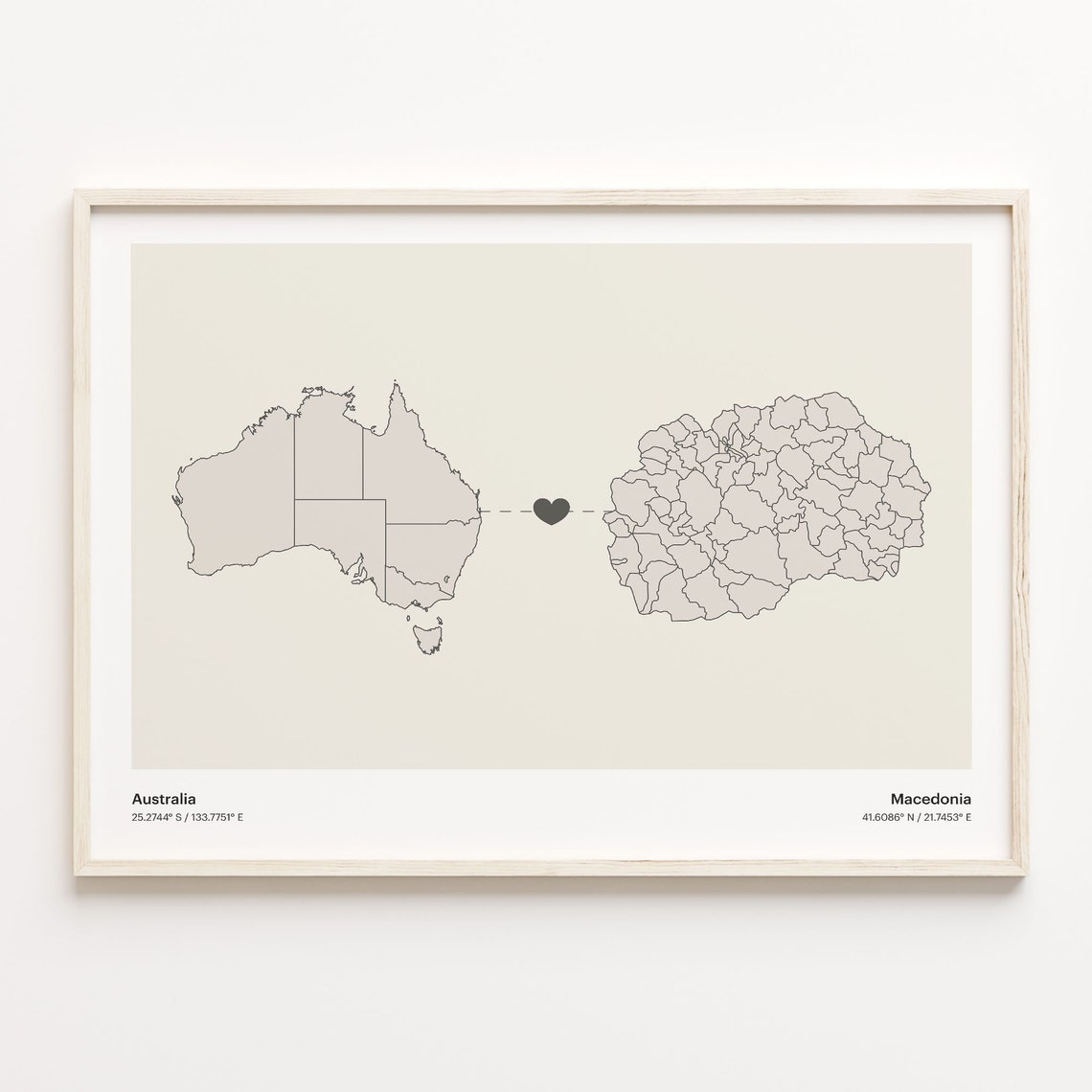 Australia to Macedonia Minimalist Heart Connection Map Poster