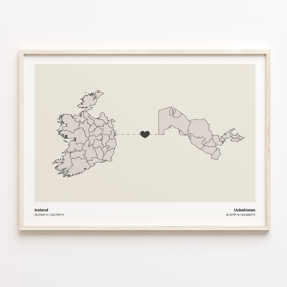 Ireland to Uzbekistan Minimalist Heart Map Connection Poster