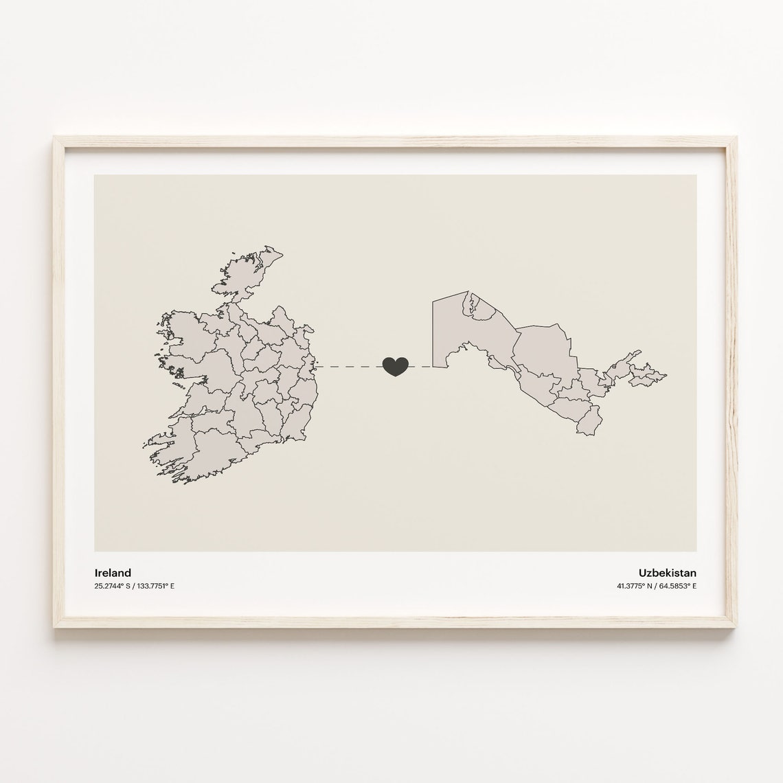 Ireland to Uzbekistan Minimalist Heart Map Connection Poster