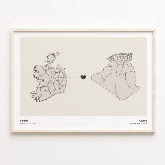 Ireland To Algeria Minimalist Map Heart Connection Gift Poster