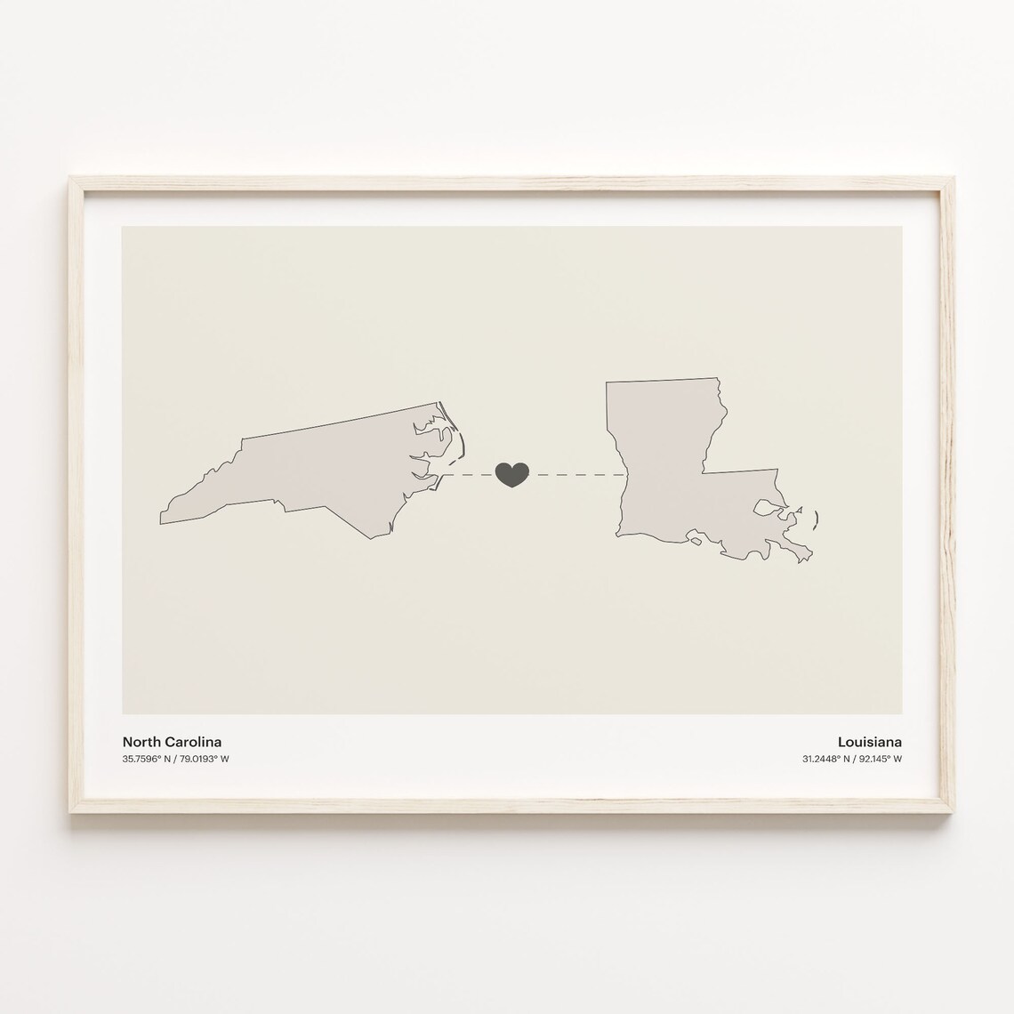North Carolina to Louisiana Minimalist Long Distance Connection Map Poster