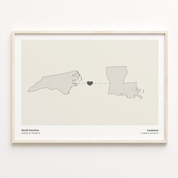 North Carolina to Louisiana Minimalist Long Distance Connection Map Poster