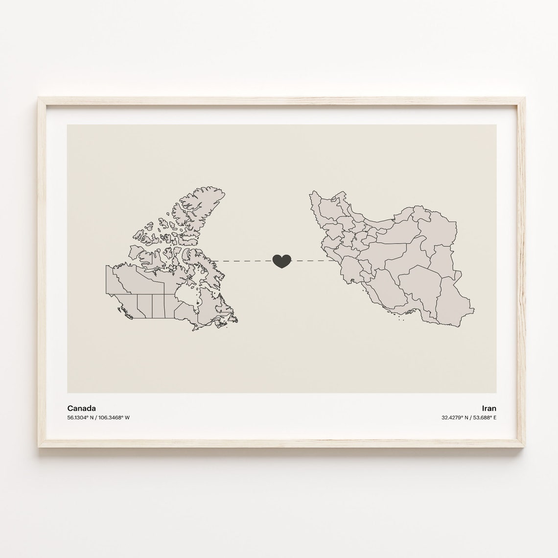 Canada To Iran Minimalist Heart Link Two Country Map Travel Poster